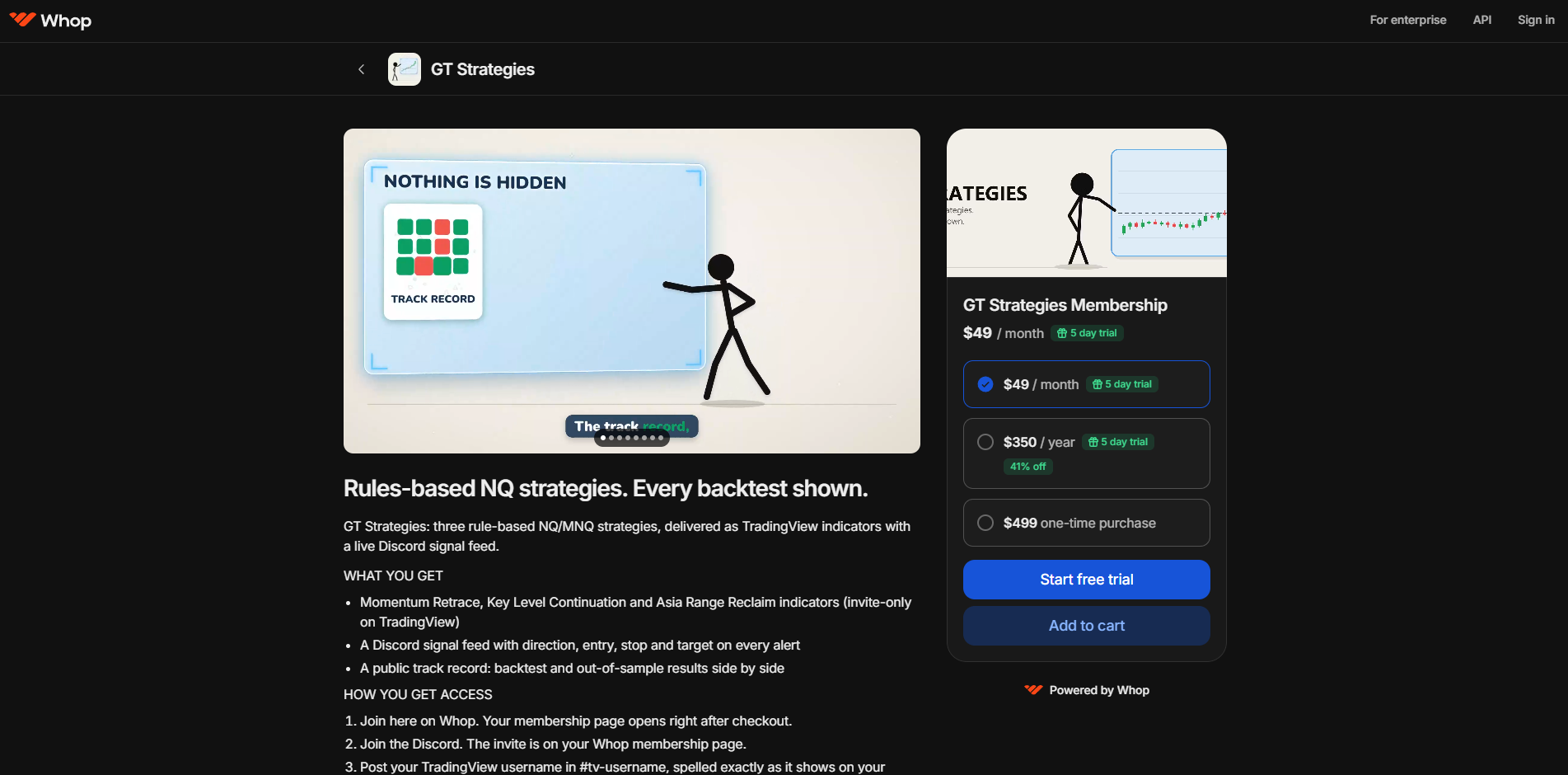 Whop store page with the GT Strategies Membership plans and Start free trial button